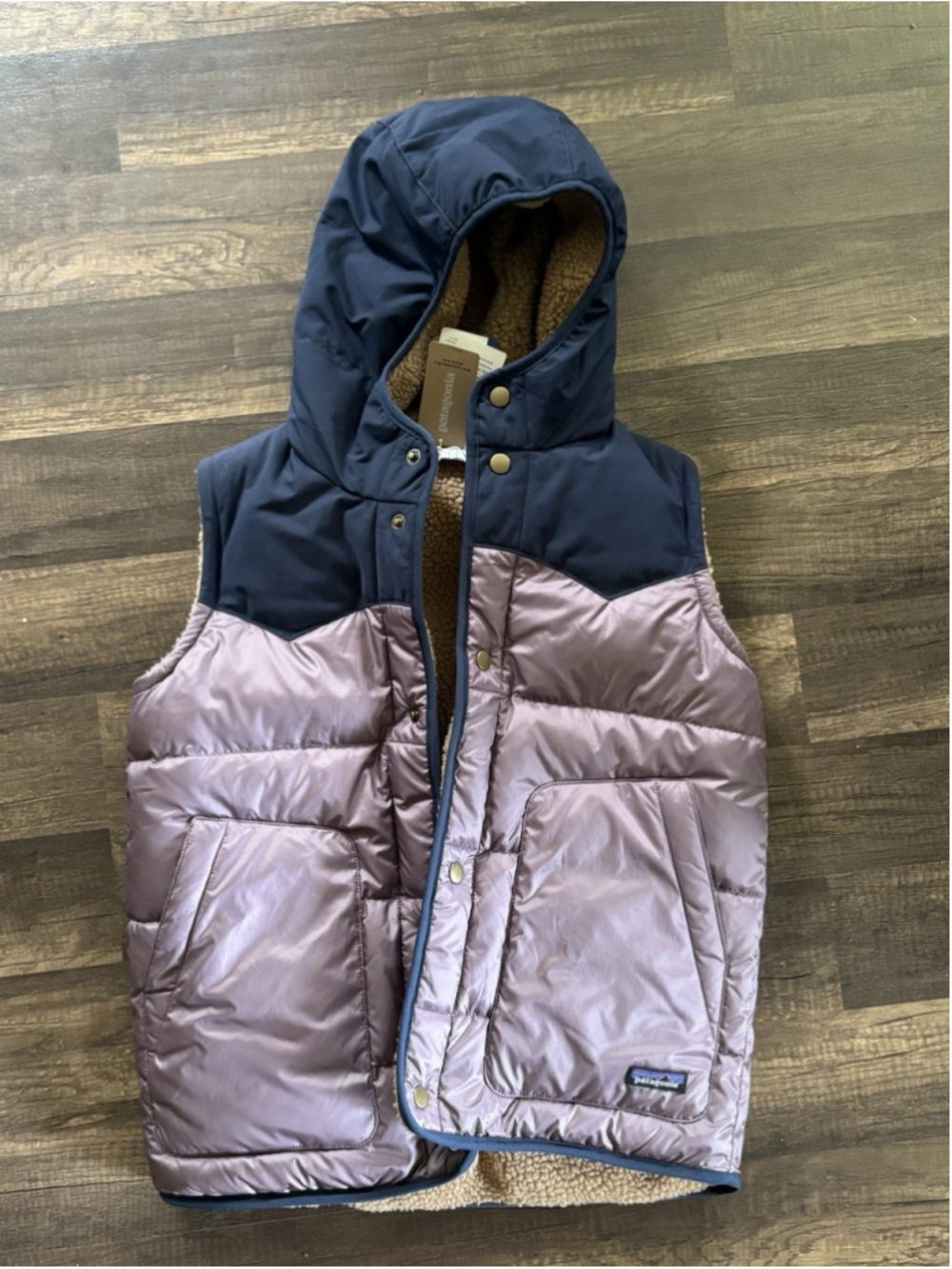Patagonia Girls Down Bivy Hoody Vest Reversible XL 14 Hyssop Purple Brown Sherpa
